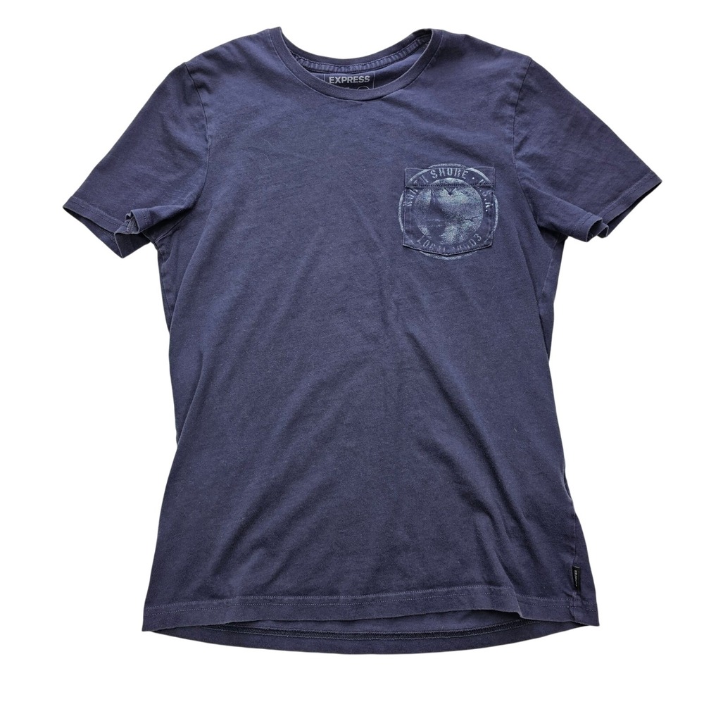 Express Mens T-Shirt Navy Blue North Shore Graphic Pocket Tee XS Cotton